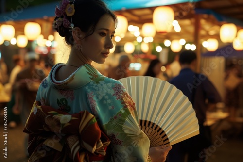 woman in kimono with a paper fan at a japanese matsuri
