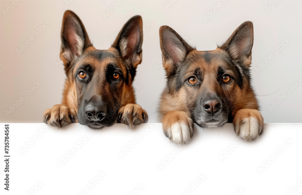 Two German shepherd / alsation dogs looking over a blank poster / placard cut out and isolated with copy space for text