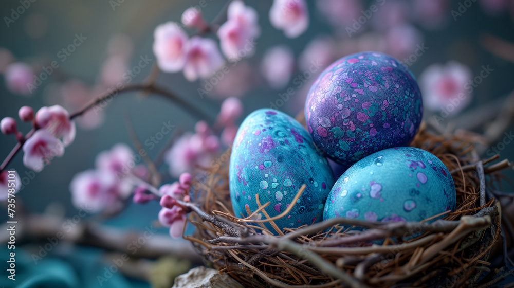 Easter eggs in a bird nest on a flowering tree. Colorful cyan and purple eggs with dotted pattern on blossoming plum tree. In style of Easter, spring welcoming, card. Landscape, horizontal banner Easter eggs in a bird nest on a flowering tree. Colorful cyan and purple eggs with dotted pattern on blossoming plum tree. In style of Easter, spring welcoming, card. Landscape, horizontal banner