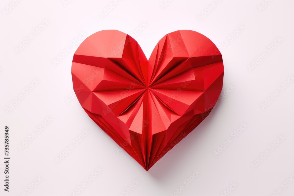 A photograph showcasing a red heart shaped origami placed on a plain white background.