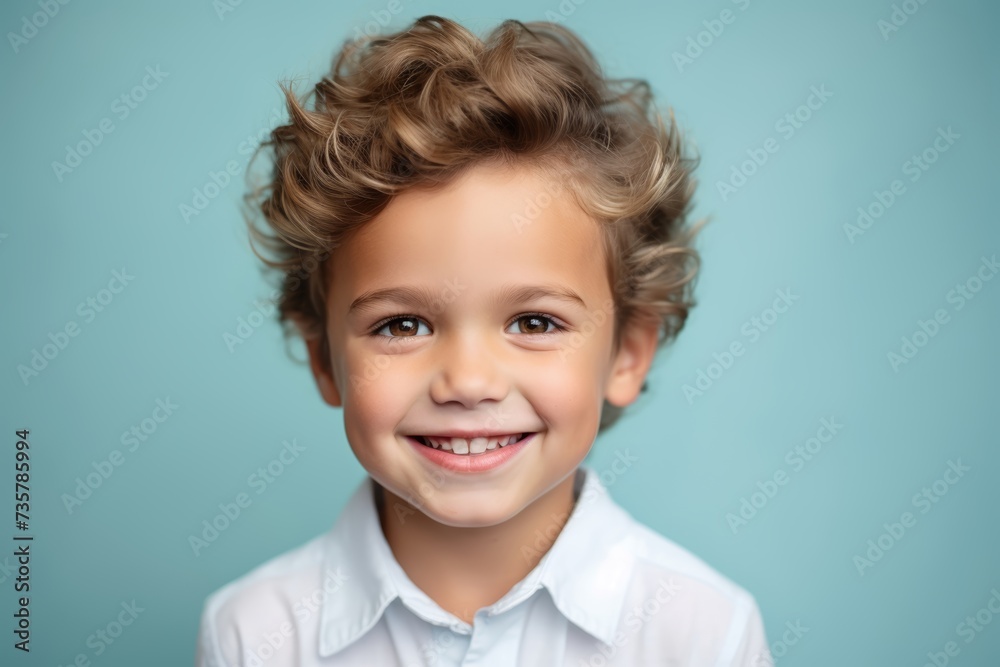 A sweet 4-year-old Caucasian boy, showcasing a content smile on his face against a calming pastel solid space A sweet 4-year-old Caucasian boy, showcasing a content smile on his face against a calming pastel solid space