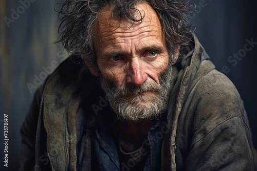 Homeless man, 55 years old, illustrating the emotional complexities associated with homelessness on a solid muted beige background.