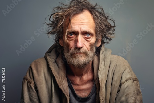 homeless man, 45 years old, with a sorrowful expression, symbolizing the emotional struggles faced by those living without shelter on a solid muted peach background. © Hanna Haradzetska