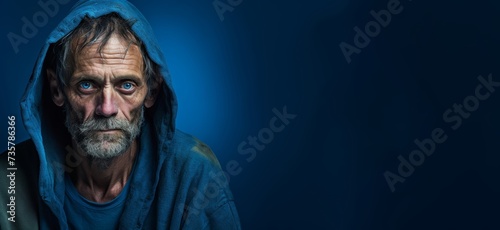 A solitary homeless man, 50 years old, with a somber expression, emphasizing the harsh reality of homelessness on a solid muted blue background