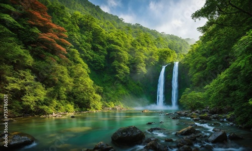 Waterfall hidden in the tropical jungle  amazing nature