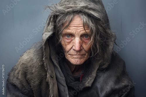 Homeless woman, 65 years old, struggling with mental health issues, highlighting the challenges faced by the vulnerable on a solid muted gray background.