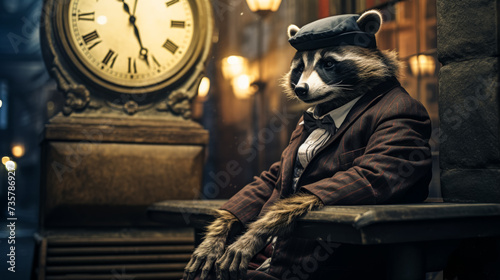 Imagine a dapper raccoon in a tweed blazer, complete with a bowler hat and a vintage pocket watch. Amidst a backdrop of city streets, it exudes old-world charm and urban elegance. The vibe: timeless a