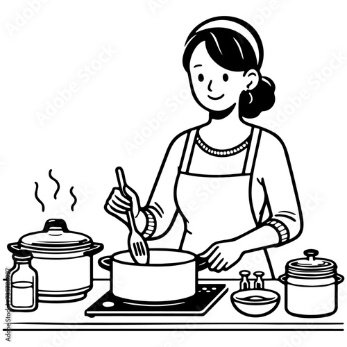 Woman Cooking at Home Drawing.