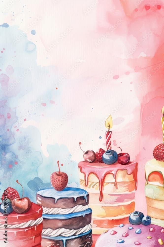 Watercolor birthday card with a cakes and copy space. AI generative Watercolor birthday card with a cakes and copy space. AI generative