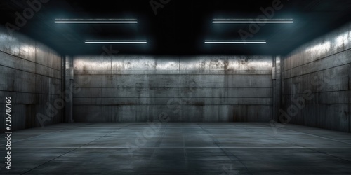 Concrete big room hall Grungy corridor warehouse with futuristic lighting. Modern industrial factory interior