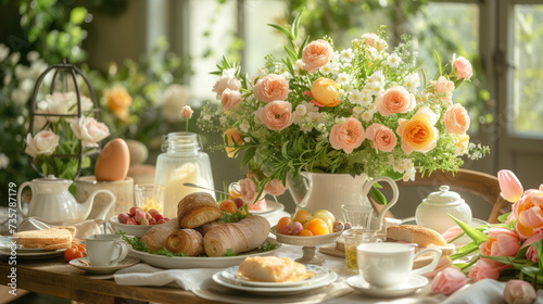 Sunny stillife Easter breakfast table in morning sun -Generative AI photo