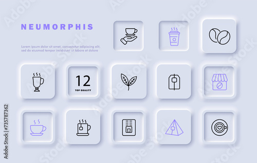 Coffee set line icon. Grains, cup, glass, drink, vigor, caffeine, tea, cafe, menu. Neomorphism style. Vector line icon for business and advertising
