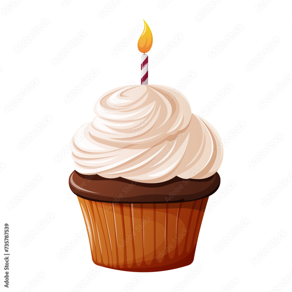 Festive cupcake with whipped cream and a lit candle. Baking for holiday, birthday party, congratulation. Vector illustration, cartoon flat style, isolated background Festive cupcake with whipped cream and a lit candle. Baking for holiday, birthday party, congratulation. Vector illustration, cartoon flat style, isolated background