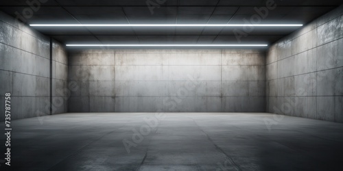 Concrete big room hall Grungy corridor warehouse with futuristic lighting. Modern industrial factory interior1
