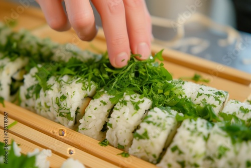 hand topping sushi roll with fresh herbs