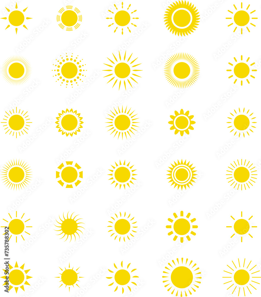 Sun icon set. Yellow sun star icons or logo collection. Summer, sunlight, sunset, sunburst. Vector illustration. Sun icon set. Yellow sun star icons or logo collection. Summer, sunlight, sunset, sunburst. Vector illustration.