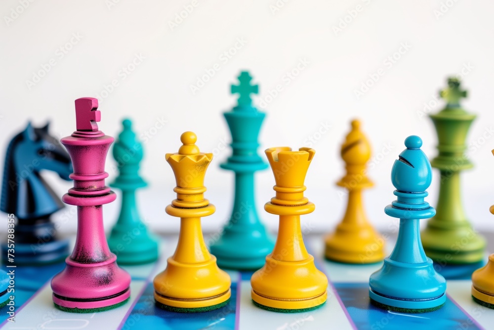 brightly colored chess pieces set up on a white and blue board brightly colored chess pieces set up on a white and blue board