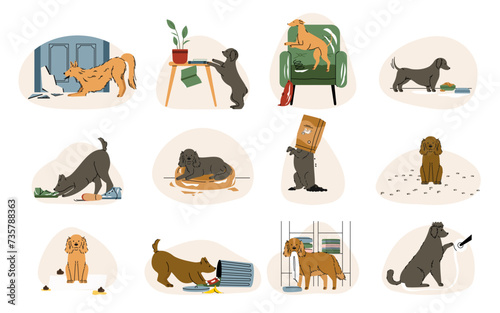 Dogs making mess. Cartoon naughty puppies destroying and damaging home territory, pet doggy behavior and mood concept. Vector isolated set
