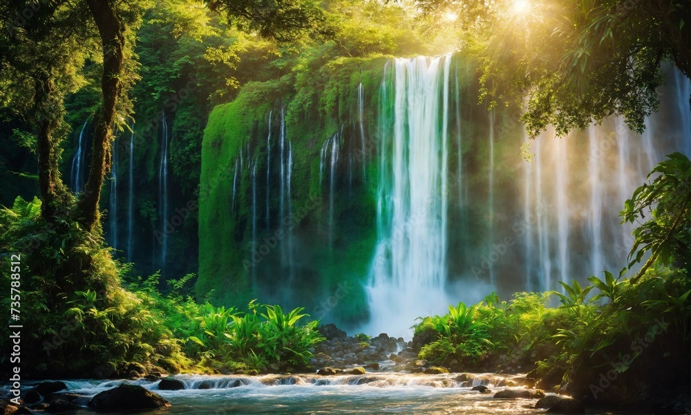 Waterfall hidden in the tropical jungle, amazing nature