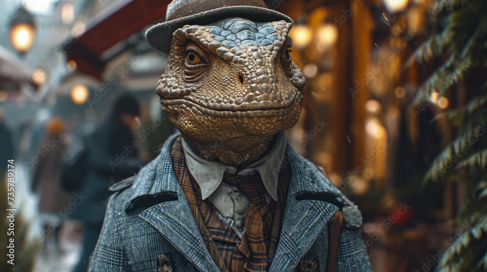 Sophisticated dinosaur roams city streets in tailored splendor, epitomizing street style. The realistic urban setting captures the prehistoric charm seamlessly merged with contemporary fashion allure 