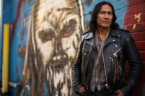 Native American man in his early 40s, wearing a leather jacket and jeans, standing confidently in front of a street art mural in the city