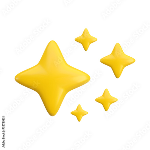 Vector 3d gold sparkle star set on white background. Cute realistic cartoon 3d render  five glossy yellow four pointed shining stars concept for magic sparkling decoration  web  game  app  design