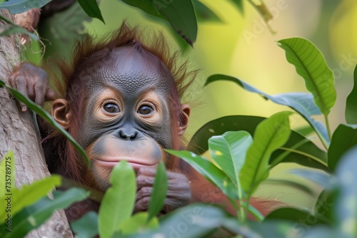 orangutan baby peeking out from tree foliage