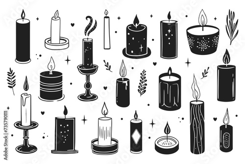 Candles vector illustration set. Aromatherapy, aromatic candle in style of hand drawn black doodle on white background. Mystical candlelight silhouette sketch