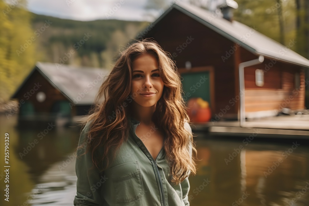 A female tourist enjoying the peaceful lakeside scenery, with a cabin and mountains in the background