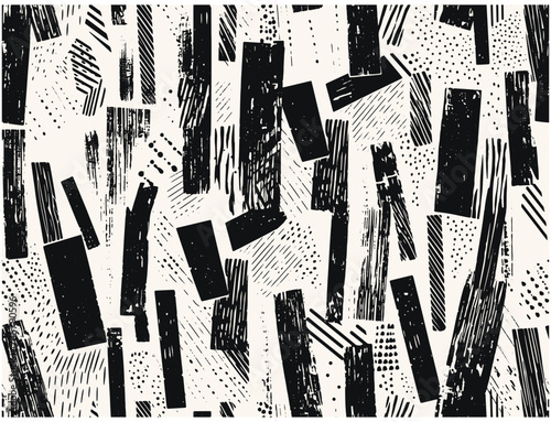 Perfectly seamless pattern with grunge bold ink brushstrokes, vector repeated abstract texture. Organic shapes background, black and white monochrome wallpaper