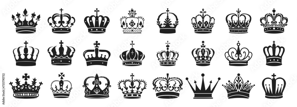 Crowns vector illustration. King, queen tiara, princess diadem in style of hand drawn black doodle on white background. Corona silhouette sketch