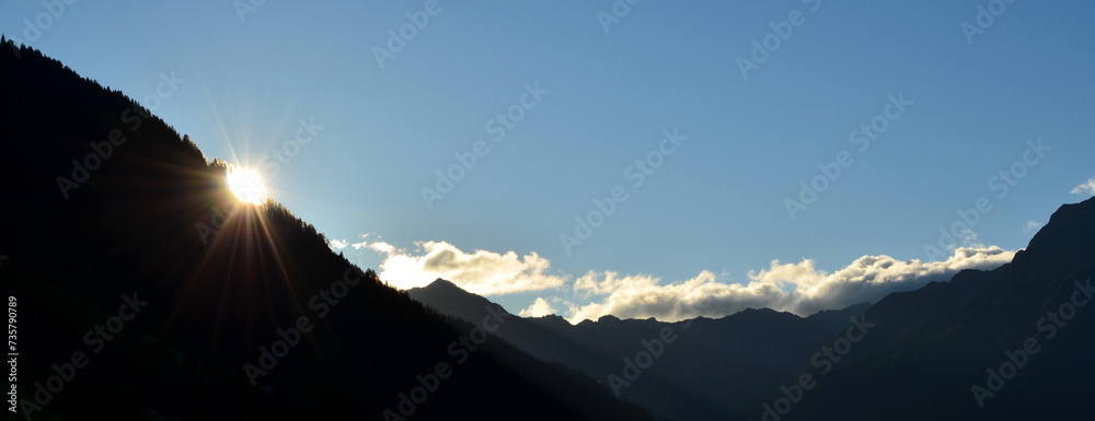 Mountain silhouette in South Tyrol, Italy, Alps, Europe, mountain ridge at dusk as silhouette, mystical and beautiful - obrazy, fototapety, plakaty 