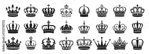 Crowns vector illustration. King, queen tiara, princess diadem in style of hand drawn black doodle on white background. Corona silhouette sketch photo