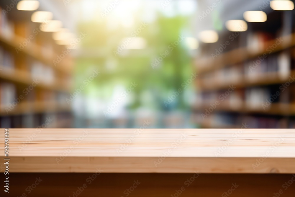 Library empty wood table top with bookshelf blurred background for product display