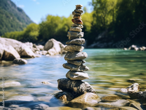 Zen stone tower on the shore . Concept of balance on water background