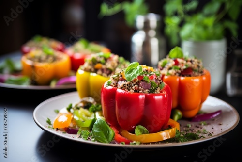 Raw vegan stuffed bell yummy peppers filled with quinoa and mixed vegetables, beautifully presented in a modern apartment setting