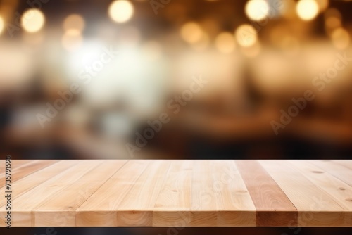 Library empty wood table top with bookshelf blurred background for product display