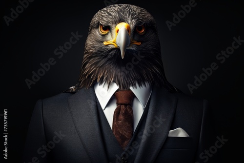 Portrait of a man with the head of a hawk, dressed in a sharp business suit, exuding an aura of authority
