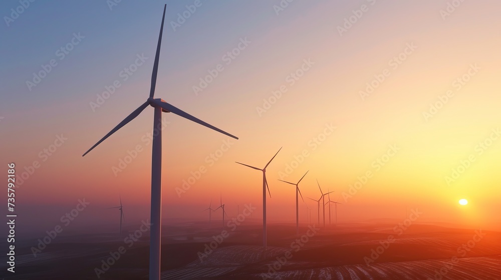 A group of windmills gracefully spinning in a vibrant field, as the sun casts a golden hue across the landscape.