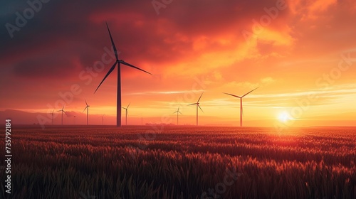 A mesmerizing scene capturing the graceful dance of wind turbines against a lush field of grass  immersing viewers in the beauty of renewable energy.