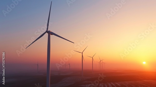 A group of windmills gracefully spinning in a vibrant field, as the sun casts a golden hue across the landscape.