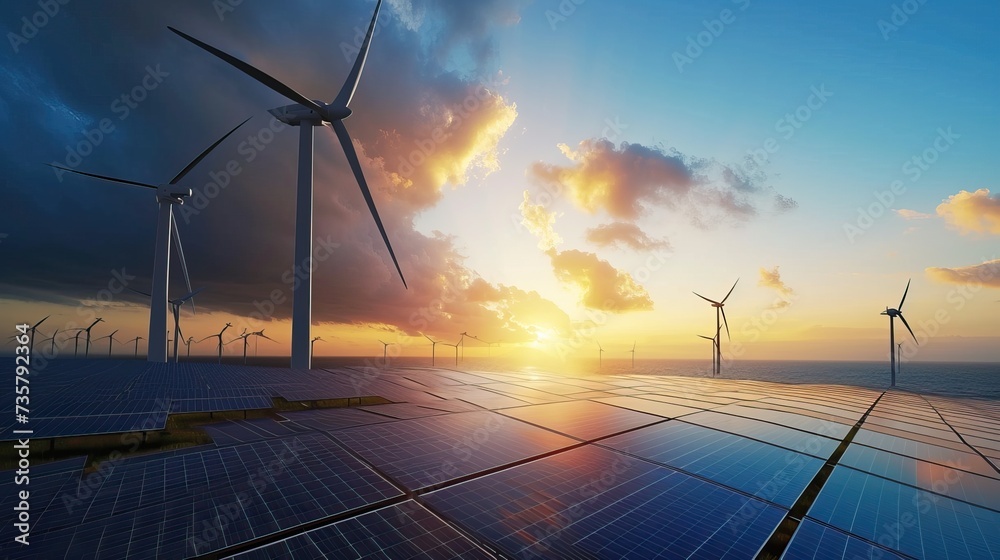A stunning scene featuring a solar panel capturing the suns energy, accompanied by elegant wind turbines gracefully turning in the background. A stunning scene featuring a solar panel capturing the suns energy, accompanied by elegant wind turbines gracefully turning in the background.