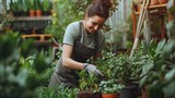 A woman skillfully tending to a diverse array of plants in a vibrant greenhouse, fostering their growth and creating a serene sanctuary.