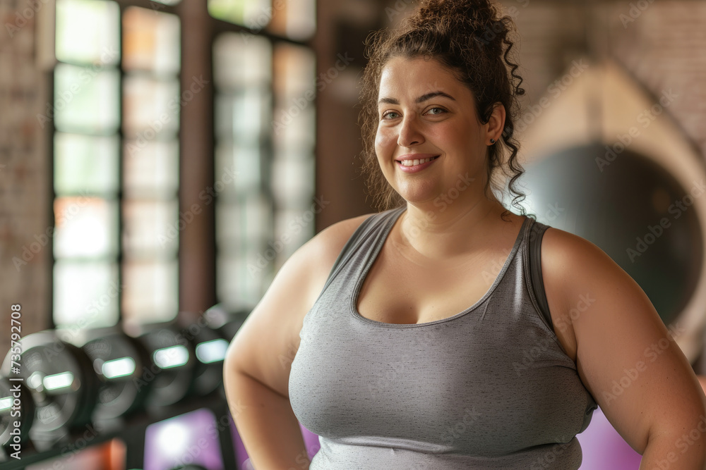 Fat woman is exercising in the gym, determined to change her lifestyle for better health
