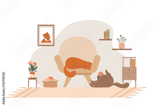 Cozy cartoon home interior with a pets. Funny playing and sleeping cats. Nice decor and furniture.