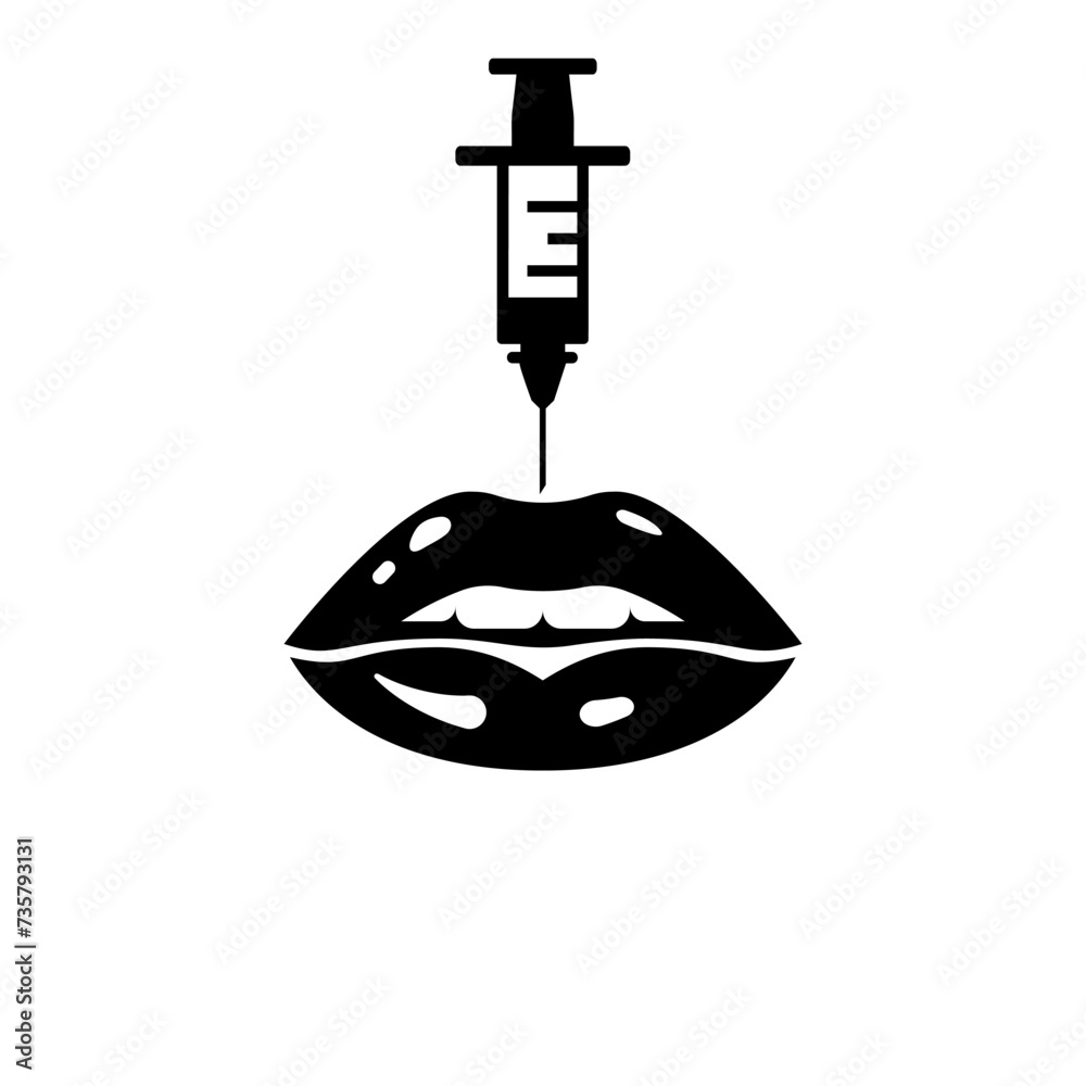 Injection for lips filling, black icon. Woman cares for skin. Doctor makes the injection of filler in face. Remove wrinkles. Vector flat design. Beauty, cosmetology, anti-aging. Female rejuvenating. Injection for lips filling, black icon. Woman cares for skin. Doctor makes the injection of filler in face. Remove wrinkles. Vector flat design. Beauty, cosmetology, anti-aging. Female rejuvenating.