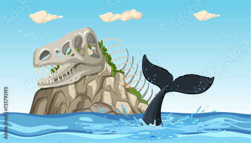 Illustration of a whale tail and dinosaur fossil.
