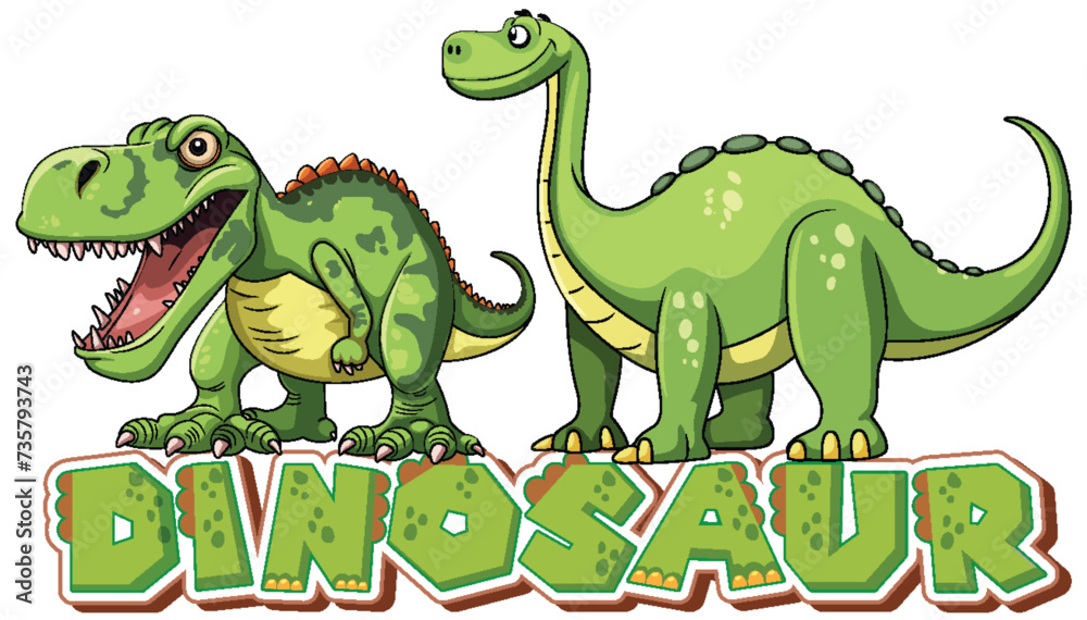 Two smiling dinosaurs with a colorful text logo