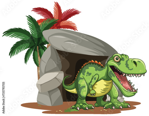 Cartoon dinosaur smiling near a rocky shelter