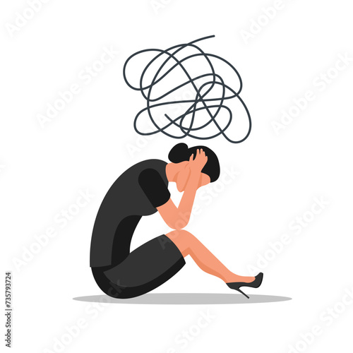 Depression in a young girl. Woman is under stress. Sense of anxiety. Unhappy female. Businesswoman worried looking down. Mental pressure. Vector illustration flat design. Isolated on white background.